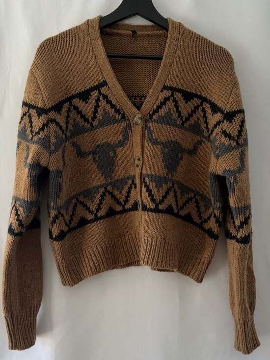 Stetson Sweaters - Stetson Steer Head Cropped Cardigan Brown Size M